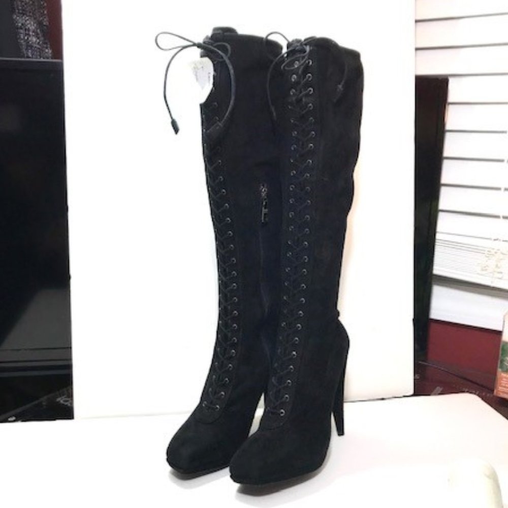 PRADA Black Suede Knee-High Lace-up Platform Boots